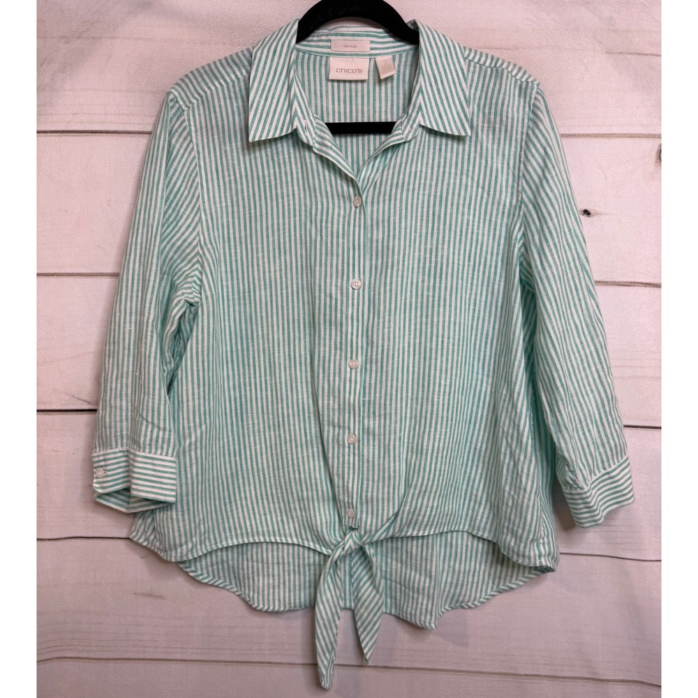 Chico's Mint-Striped Button-Front Tie Hem Shirt